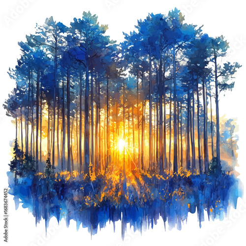 Sunset Through Trees, watercolor clipart vector, isolated on a white background.