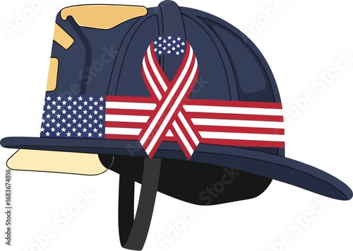 American firefighter helmet honors heroes with patriotic ribbon