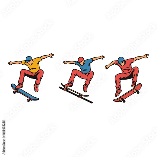 A set of three cartoon skateboarders in various action poses and outfits, showcasing the dynamic motion of the sport vector illustration