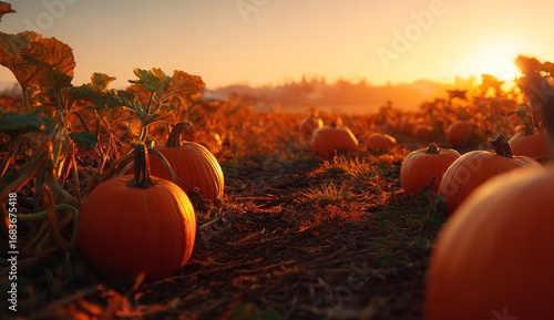 Scenic pumpkin field at sunset with warm golden light and autumn hues, creating a festive seasonal atmosphere perfect for harvest and Halloween themes