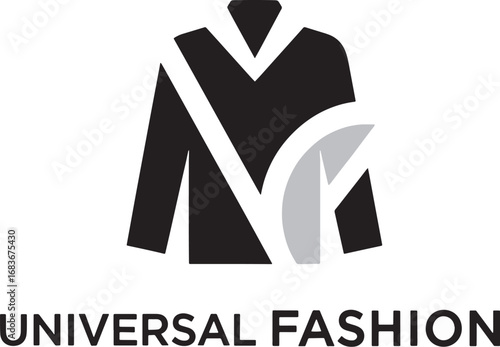 A minimalist black and white logo featuring a stylized garment with a diagonal sash, representing Universal Fashion.
