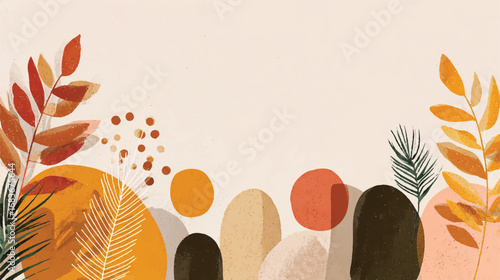 Boho styled illustration with earthy tones featuring leaves circles and organic shapes offering a modern artistic aesthetic