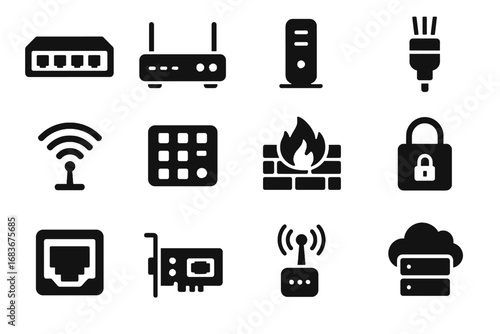 Icon modems tech vpn ethernet ports servers vector boosters cables icons network