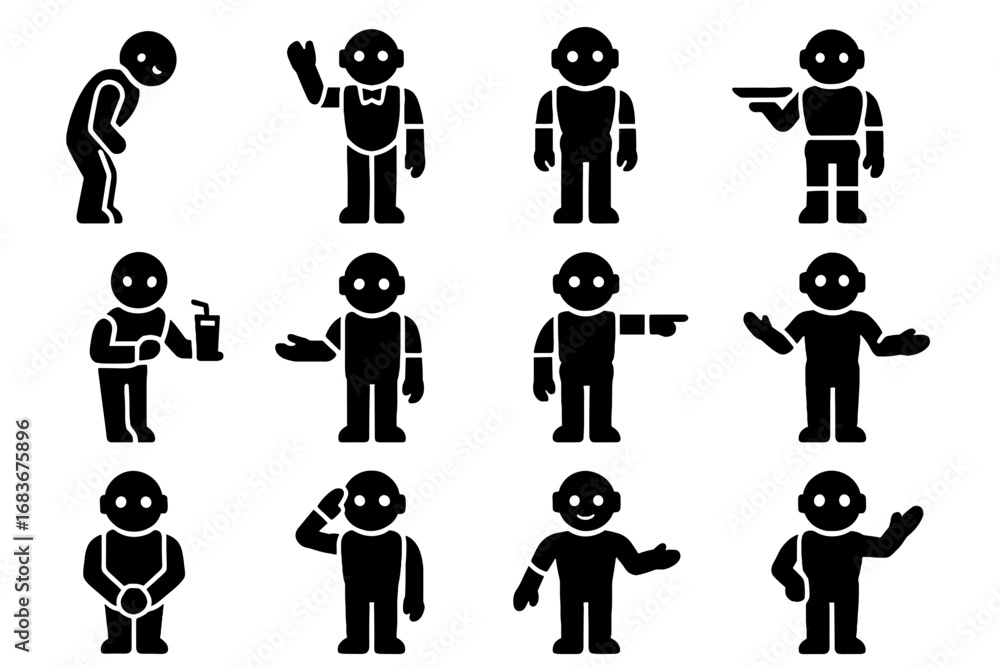 Tray holding icons drink symbol butler posture bowing robot mode icon vector Tray holding icons drink symbol butler posture bowing robot mode icon vector