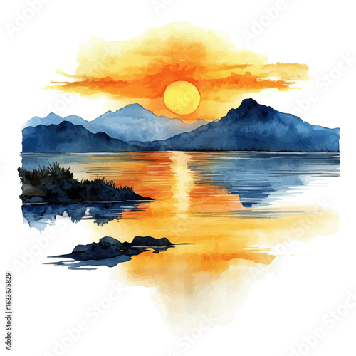 Sunset Over Ocean, watercolor clipart vector, isolated on a white background.