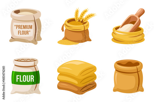 Cereal grain vector illustrations, flour sack set, wheat bag graphics, farming icons, agriculture storage container, crop harvest food design
