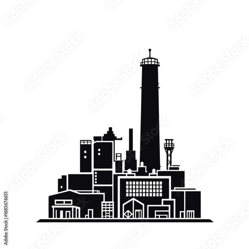 Vector illustration of an industrial factory building silhouette icon with urban city skyline