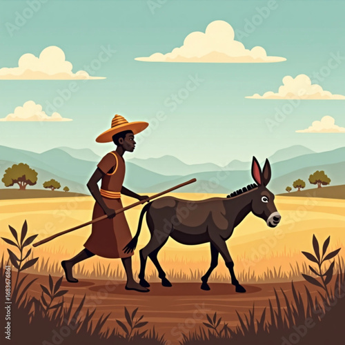 Farmer and Donkey: A farmer guides a donkey across a sun-drenched field. The scene is filled with a sense of peaceful rural life.