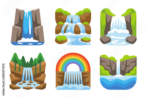 Scenic waterfall vector illustrations, tropical river landscape icons, flowing water cascade set, forest background graphics, natural environment design