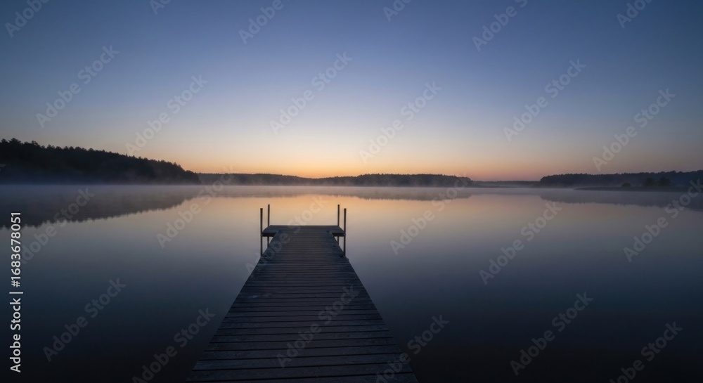 Fototapeta premium Peaceful sunrise over a lake with a wooden dock. Tranquil morning light reflecting on the still water