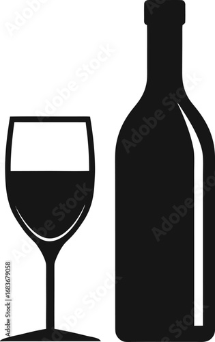 Transparent Wine Bottle with Glass Vector Silhouette