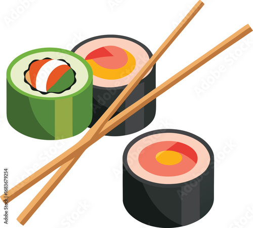Transparent Sushi Rolls with Chopsticks Vector Illustration
