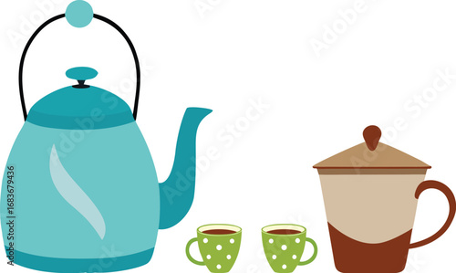 Transparent Teapot and Cups with Coffee Pot Vector