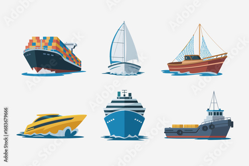 Luxury yacht vector illustrations, fishing boat icons, cruise ship graphics, cargo vessel set, ocean transport design, nautical maritime sailing background