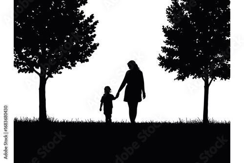 Silhouette of a mother and child walking hand in hand between two trees in a park scene
