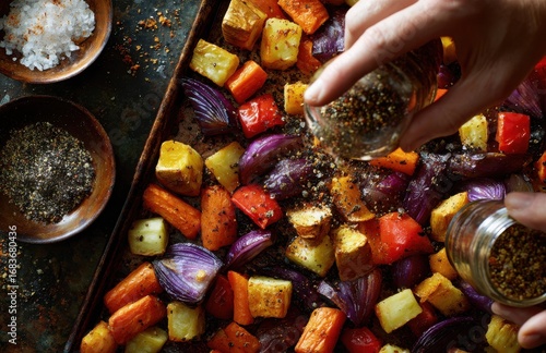 Chef sprinkling spices on roasted root vegetables for flavorful dish