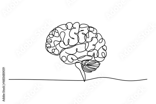 A single line drawing of a human brain with intricate convolutions and a clean background