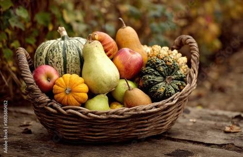 Wicker basket brimming with autumn harvest fruits and pumpkins