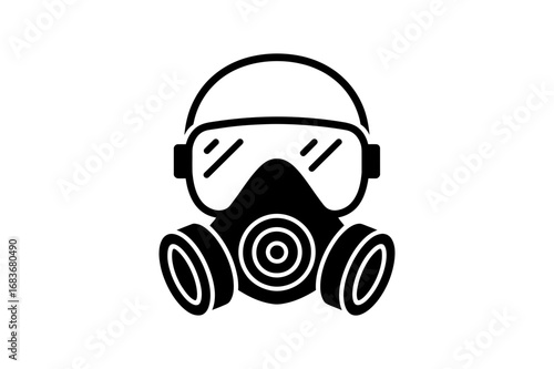 Illustration of a full face gas mask with goggles and filter cartridges in black and white
