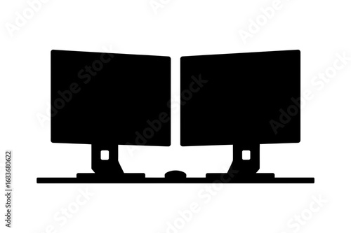 Silhouette of two computer monitors with a mouse on a desk in a simple black and white view