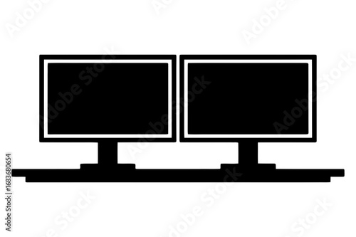 Two computer monitors displayed side by side on a desk in a simple black and white drawing style