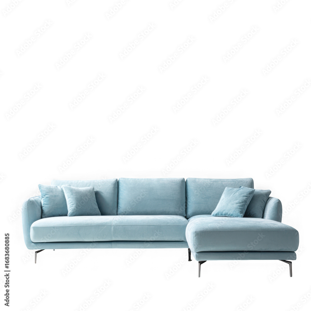 Fototapeta premium Modern light blue sectional sofa with pillows isolated on transparent background