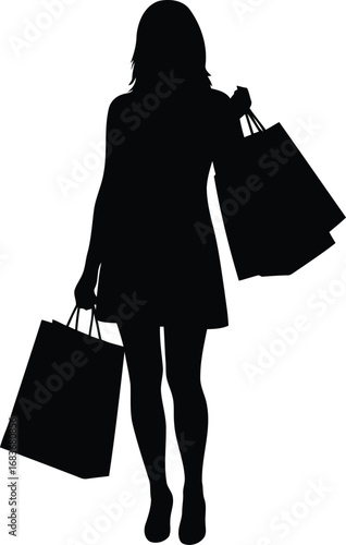 Silhouette of a stylish woman carrying shopping bags conveying consumerism and retail therapy vector