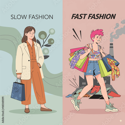 A comparison poster showing the contrast between a 'Slow Fashion' woman and a 'Fast Fashion' shopaholic with many bags vector illustration