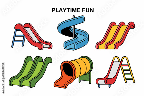 Playtime playground slide set, tunnel tube and wavy slides, multiple slide types, childrens park icons, colorful recreational playset