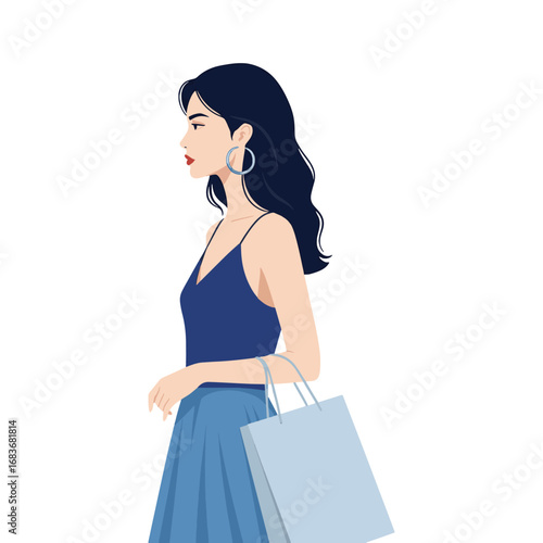 A simple and elegant portrait of a stylish young woman in profile, wearing a blue dress and holding a single shopping bag vector illustration