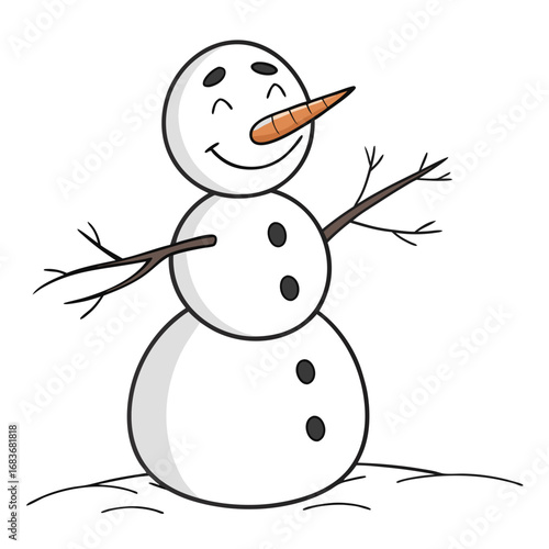 A cheerful cartoon snowman with a carrot nose and stick arms stands happily in the snow