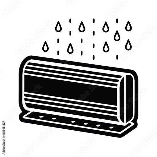 Vector art of black and illustration of an air conditioner unit with rain falling it, symbolizing weather resistance or outdoor use