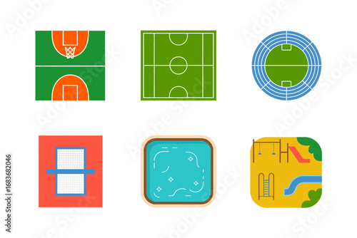Sports court and playground icons, basketball, soccer, tennis, playground square, pool and sandpit illustrations, outdoor recreational facility graphics