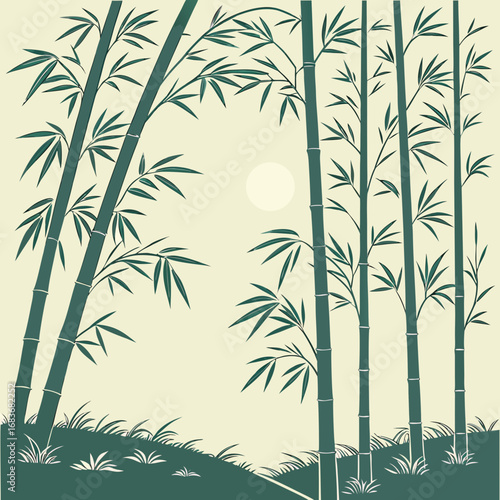 Serene bamboo grove with a pale sun shining through the leaves and grass