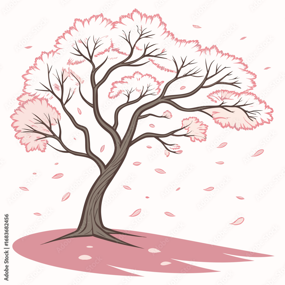 Fototapeta premium Stylized illustration of a blooming cherry blossom tree with falling petals in a soft pastel color palette