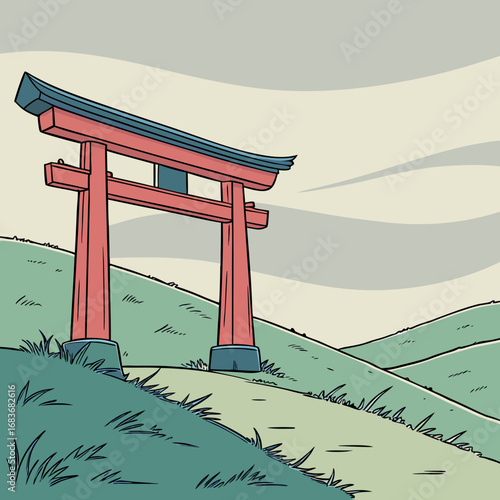 Traditional japanese torii gate stands on a grassy hill under a cloudy sky