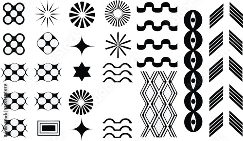 Abstract vector geometric icons set with stars, waves, circles, floral motifs, decorative line patterns, modern creative symbols for design