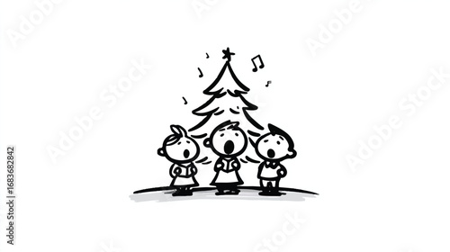 Christmas Carolers Singing Underneath a Decorated Tree in a Simple Black and White Illustration