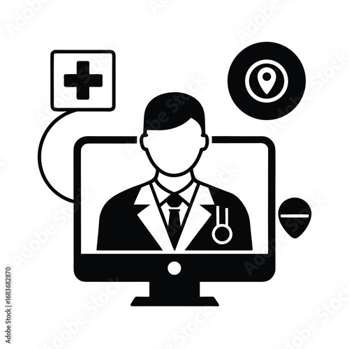 Vector art of online doctor consultation concept, showing a doctor a computer screen with medical icons and location pin