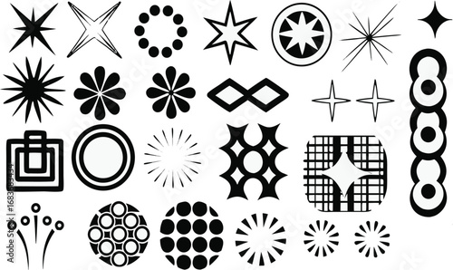 Creative abstract vector icons set with stars, circles, floral motifs, dots, geometric shapes, modern decorative elements for digital design