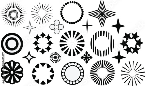 Abstract circular vector shapes with starbursts, rings, floral patterns, glowing motifs, geometric icons, retro symbols and creative design elements