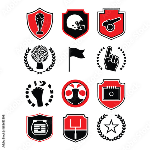 Black and white ornamental football bundle with trophy, helmet, whistle, flag, pom-pom, foam finger, scoreboard, goal post, and laurel
