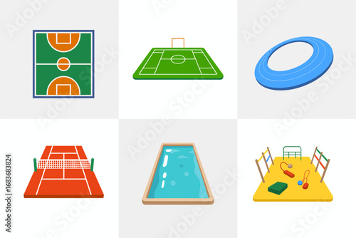 Outdoor sports and pool icons, playground pool, tennis and basketball courts, kids play area graphics, recreational facility elements
