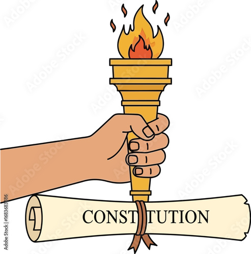 Hand holding torch over constitution scroll symbolizing freedom and law