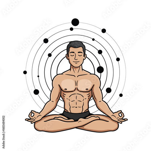 A man meditating in a lotus pose, surrounded by orbiting lines like an atom. A concept for cosmic consciousness vector illustration.