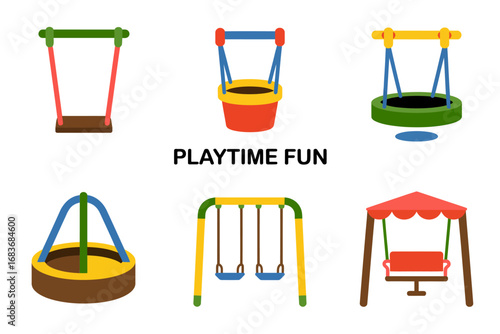 Round nest swing and hammock swing illustrations, toddler bucket seat, suspended disc swing, colourful playground equipment icons