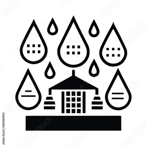 Vector art of stylized icon representing a water source or well with raindrops falling around it, suggesting natural water supply, conservation, and environmental protection