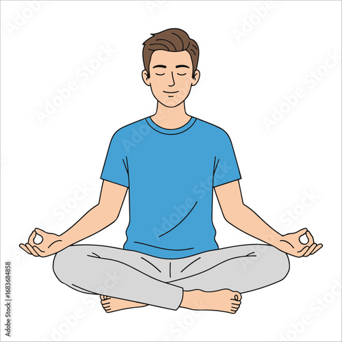A peaceful young man with his eyes closed, meditating in a simple lotus pose to find calm and mindfulness in daily life vector illustration