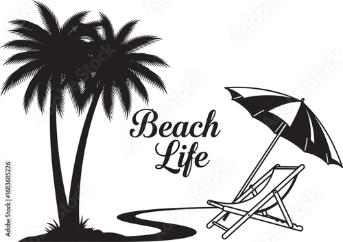 Relaxing beach scene with striped deck chair and palm tree on sandy shore