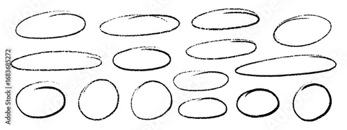 Black crayon oval and circle collection. Hand drawn doodle ellipses and rough round shapes for emphasis highlights and diagrams. Vector pencil sketch elements isolated
